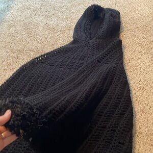 EUC black knit poncho with hood and soft faux fur like trim